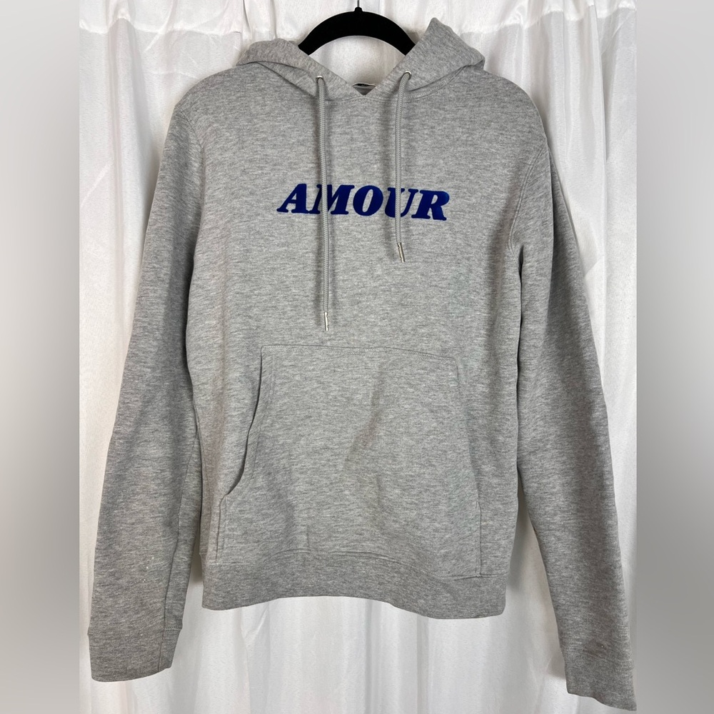 Sandro women’s small Gray Hoodie sweatshirt with Blue Amour Print